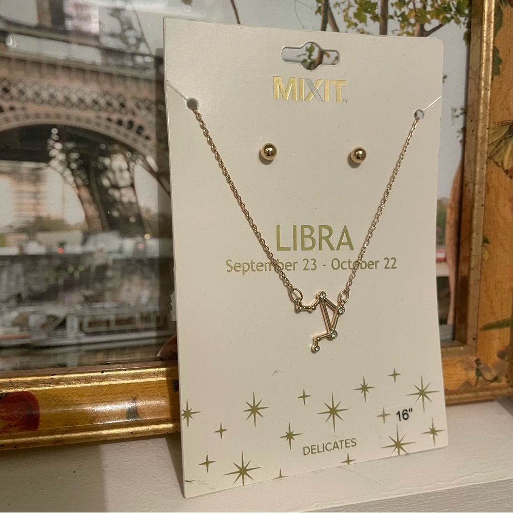 NEW MIXIT Libra September October 16” gold necklace star sign astrology earrings